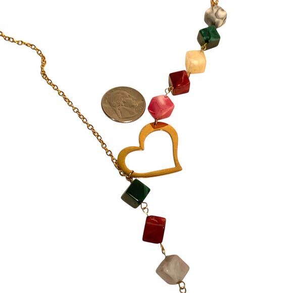 Asymmetric Heart & Cross Cubist Necklace Gold Tone Modern Christian Faith Y Drop - Picture 5 of 8